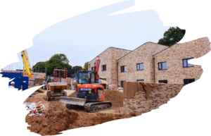 Building site with large plant - digger, dumper truck, crane - and 3 new terraced house nearly completed.